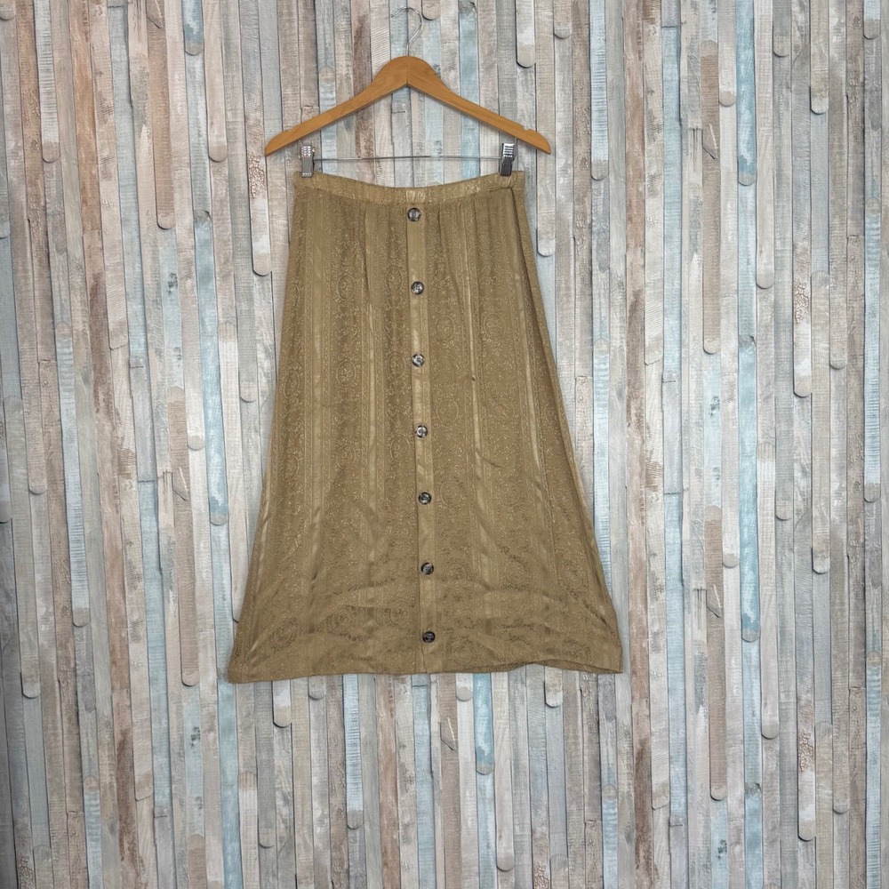CP Shades S Vintage Gold Jacquard Textured Rayon Button Front Pull On Midi Skirt - Picture 2 of 8